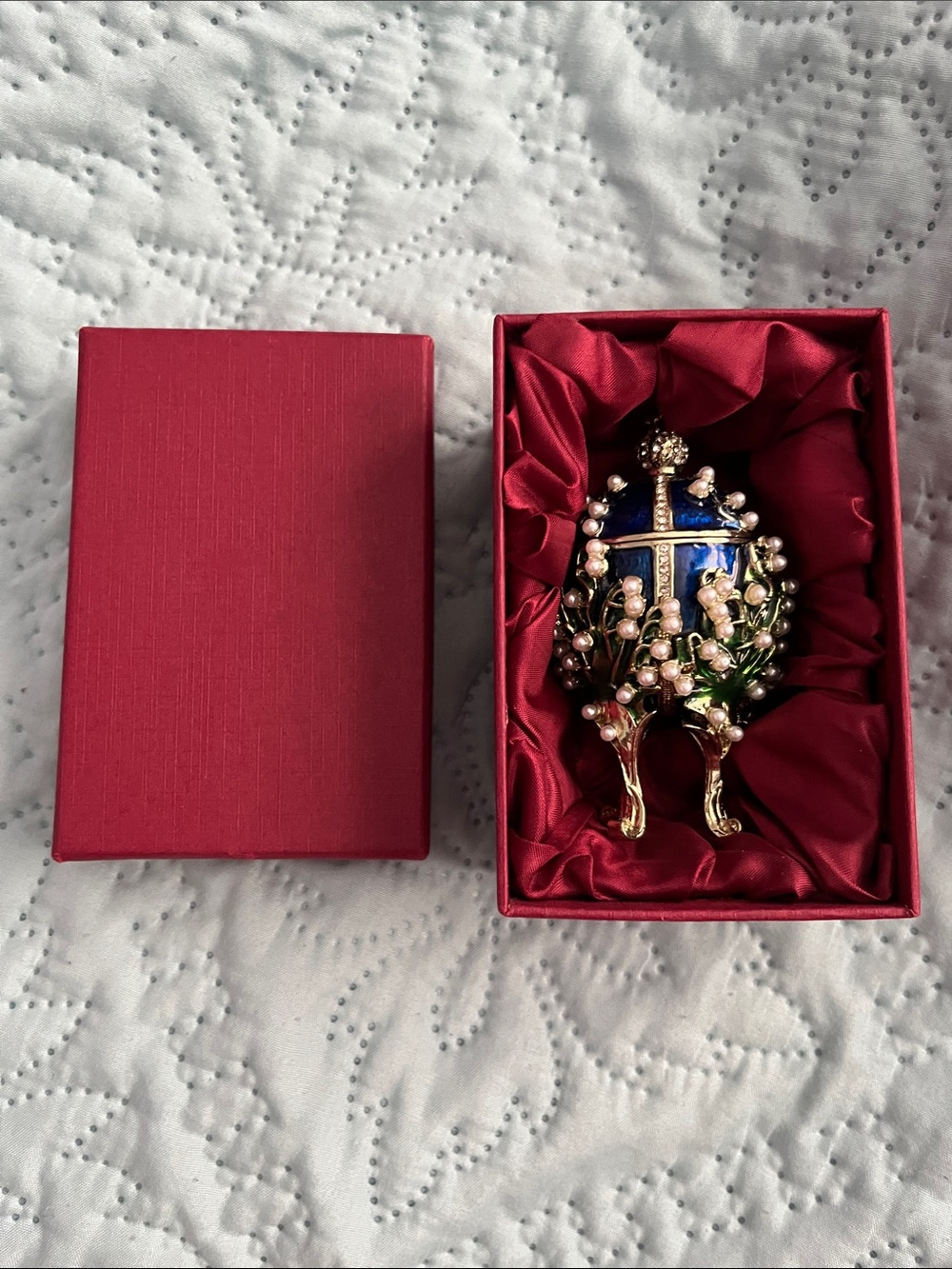 Faberge style blue enamel trinket box with Lillies of the valley and rhinestones